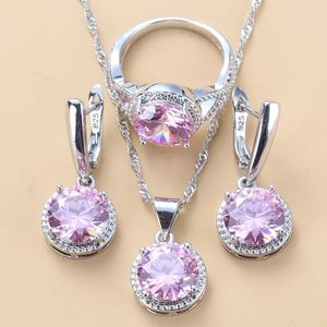 Bruiloft Sieraden Sets 10 Kleuren Bruidsjurk 925 Mark Zoete Prinses Ronde Roze Zirkoon 3 Delige Set Mode Vrouwen Accessoires 231116