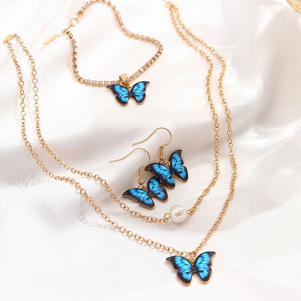 Ensembles de bijoux de mariage 17KM couleur or chaîne collier boucles d'oreilles papillon bleu pour femmes filles mode minimaliste Bracelet tendance fête cadeaux 230808