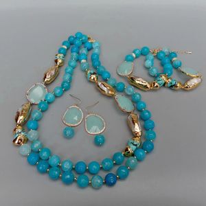 Bruiloft Sieradensets 2 Rijen Blauwe Facet Agaat Turkoois Gekweekte Witte Biwa Parel Kristallen Ketting Armband Oorbellen Set 231101