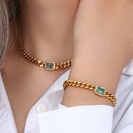 Bruiloft sieraden sets 2023 3a kubieke zirconia dikke Cubaanse ketting choker ketting armband sieraden set voor vrouwen vintage roestvrijstalen accessoires 230313