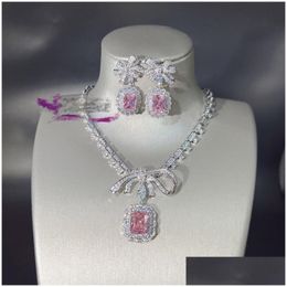 Conjuntos de joyas de boda 2024 INS TOP VENDER 925 STERLING SIER Relleno radiante Rosa topacio Cz Diamond Dangle Pends Penda Dhtdf