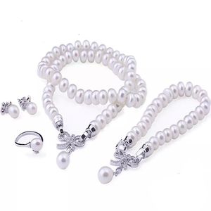 Bruiloft Sieraden Sets 4 Items Natuurlijke Gekweekte Zoetwaterparel Sieraden Sets S925 Zilveren Hanger Ketting Oorbellen Fijne Bruiloft Sieraden 231108