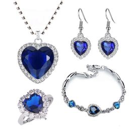 Bruiloft Sieraden Sets 4 Stuksset Titanic Hart van Oceaan Kettingen voor Vrouwen Liefde Blue Crystal Zirkoon Vrouwelijke Party 230808