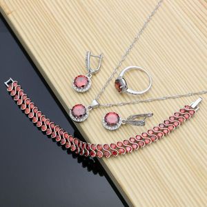 Ensembles de bijoux de mariage 925 argent mariée zircon cubique rouge pour les femmes boucles d'oreilles en pierre avec anneau collier ensemble goutte
