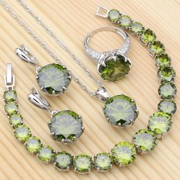 Ensembles de bijoux de mariage en argent 925 pour les femmes vert olive zircone cubique cristal blanc bague bracelet collier pendentif boucles d'oreilles 230729