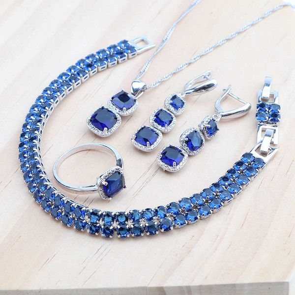 Ensembles de bijoux de mariage 925 argent pour femmes boucles d'oreilles de mariée bleu Zircon collier pendentif pierres Bracelets ensemble 230729