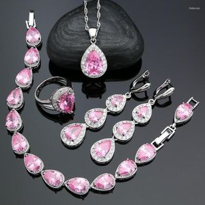 Ensembles de bijoux de mariage en argent 925, Kits pour femmes, zircone cubique rose, cristal blanc, bague, Bracelet, pendentif, collier, boucles d'oreilles longues