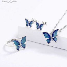 Bruiloft sieraden sets 925 Sterling zilveren creatieve micro-enamel blauwe vlinder vleugels ketting driedelige damespak feestje verjaardagscadeau h240426