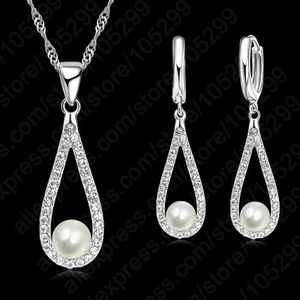 Bruiloft sieraden sets 925 sterling zilveren glanzende kristaldruppeltjes parel ketting oorbellen set dames voortreffelijke geschenken groothandel