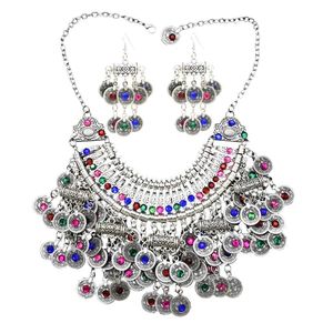 Bruiloft sieraden sets Afghaanse zilveren kleur munt kwast bib statement ketting oorrang sets voor vrouwen Turkse zigeuner ketting feest sieraden 230313