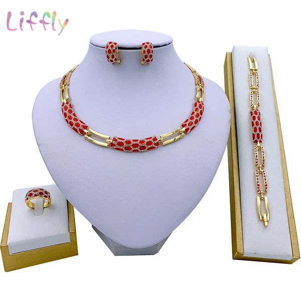 Ensembles de bijoux de mariage, collier de mariée élégant africain, émail rouge, Style classique, Bracelet, boucles d'oreilles, bagues pour femmes, 231012