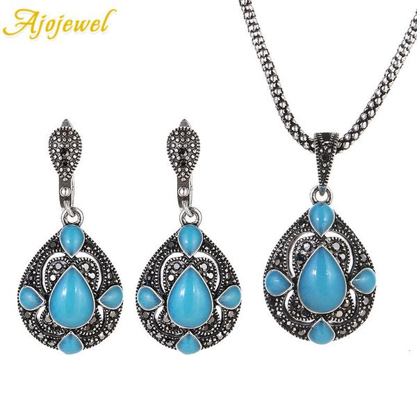 Ensembles de bijoux de mariage Ajojewel bleu vert rouge pierre semi-précieuse Vintage pour les femmes en forme de goutte d'eau collier boucles d'oreilles ethnique 230627