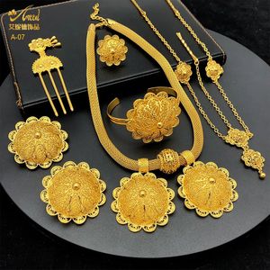 Bruiloft Sieraden Sets ANIID Ethiopische Vergulde 6 stks Voor Vrouwen Dubai Bloemvorm Nigeriaanse Luxe Ketting Sieraden Set Geschenken 231012