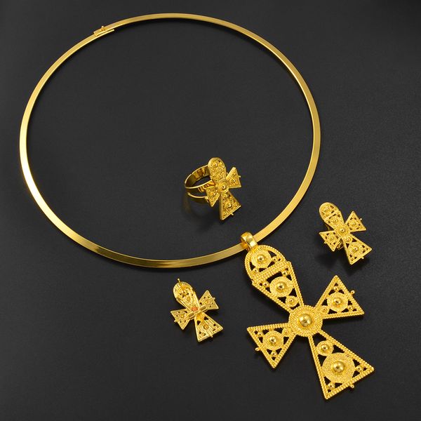 Ensembles de bijoux de mariage Anniyo éthiopien grande croix tour de cou pendentif boucles d'oreilles bague couleur or africain érythrée traditionnel 333606 230801