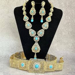 Set di gioielli da sposa Set di caftano arabo per donna Colore oro design cavo Abito di lusso Cintura Collana Orecchini Sposa Cristallo 231116