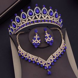 Bruiloft sieraden sets barokke blauwe kristallen bruids voor vrouwen tiaras kroon oorbellen ketting bruid jurk dubai set 230216