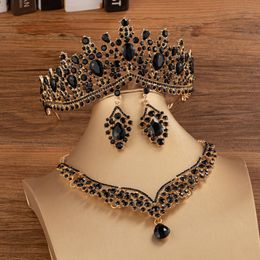 Ensembles de bijoux de mariage baroques couleur or noir cristal diadèmes de mariée couronne boucles d'oreilles collier ras du cou femmes robe Dubai ensemble 230216