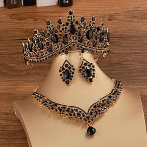 Bruiloft sieraden sets barokke goud kleur zwart kristallen bruids tiaras kroon oorbellen choker ketting dames kleding dubai set 230216