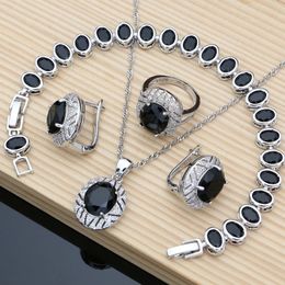 Ensembles de bijoux de mariage obsidienne noire 925 boucles d'oreilles en argent anneaux accessoire Wdding bijoux fins ensemble de collier goutte 231012