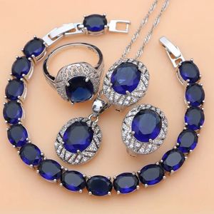 Bruiloft Sieraden Sets Blauwe Saffier 925 Zilveren Edelsteen Hoepel Oorbel Bruiloft Fijne Sieraden Ketting Set Drop 231012