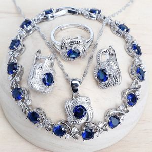 Bruiloft Sieradensets Blauwe Zirkonia Dames 925 Sterling Zilver Bruidskostuum Sieraden Oorbellen Ringen Armbanden Hanger Ketting 231114