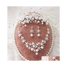 Ensembles de bijoux de mariage argile fleurs perle cristal collier de mariée boucles d'oreilles diadème pour les mariées livraison en gros Dhghk