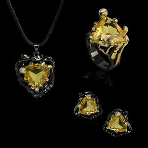 Bruiloft sieraden sets creatieve zwarte en gouden dames sieraden set mode driehoek gele zirkoon ring ketting oorbellen bruiloft driedelige sieraden set 231218