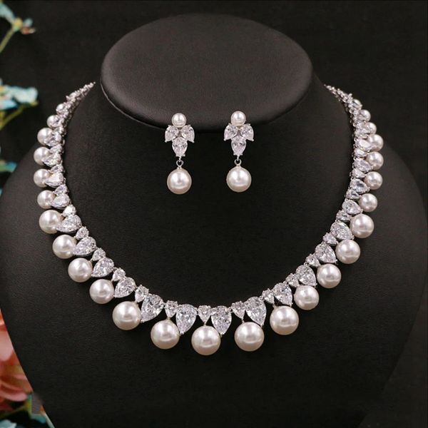 Ensembles de bijoux de mariage en zircone cubique, perceuse à perles rondes, collier de mariée délicat, pendentif, boucles d'oreilles, bijoux, accessoires de mariage pour femmes 231115
