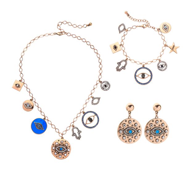 Ensembles de bijoux de mariage femmes mignonnes ensemble Ins Style Vintage or couleur ronde cristal oeil main lèvres pendentif Bracelet boucles d'oreilles collier 230627