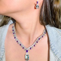 Ensembles de bijoux de mariage CWWZircons beau violet bleu cubique Zircon cristal Dangle goutte de mariée collier de mariage ensembles de bijoux de fête pour les femmes T605 230215