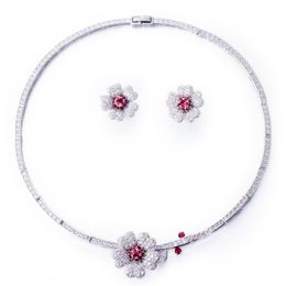 Bruiloft Sieraden Sets CWWZircons Druzy CZ Steen Grote Rode Bloem Bruids Choker Ketting en Oorbellen Feestkostuum voor Bruiden T0518 230808