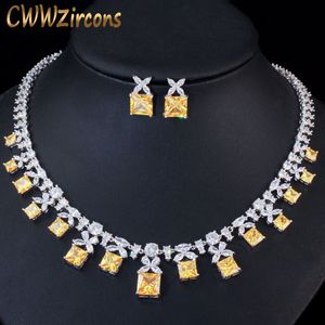 Ensembles de bijoux de mariage CWWZircons magnifique coupe princesse jaune zircon cubique pierre femmes collier de costume de fête pour les mariées T351 230313