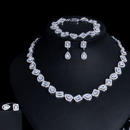 Ensembles de bijoux de mariage CWWZircons Mousseux Forme Carrée Zircon Cubique 4pcs Collier De Mariée De Luxe Dubaï Or Blanc Couleur T607 230313