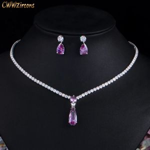 Conjuntos de joyería de boda CWWZircons Top Red Purple Cubic Zirconia Gota de agua Moda Mujer Conjunto de fiesta de compromiso para regalo de dama de honor T525 231207