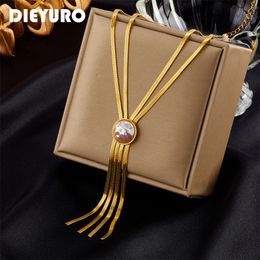 Bruiloft sieraden sets dieyuro 316L roestvrij staal goud kleur 2layer parel tassel ketting voor vrouwen mode meisjes sleutelbeen kettingfeest cadeau 230517