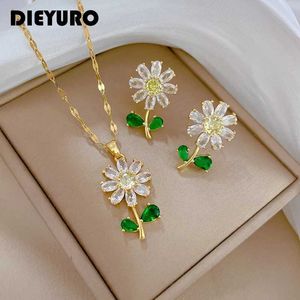 Bruiloft sieraden sets dieyuro 316L roestvrij staal kristallen bloem hanger ketting oorbellen dames mode nieuw set cadeaubry