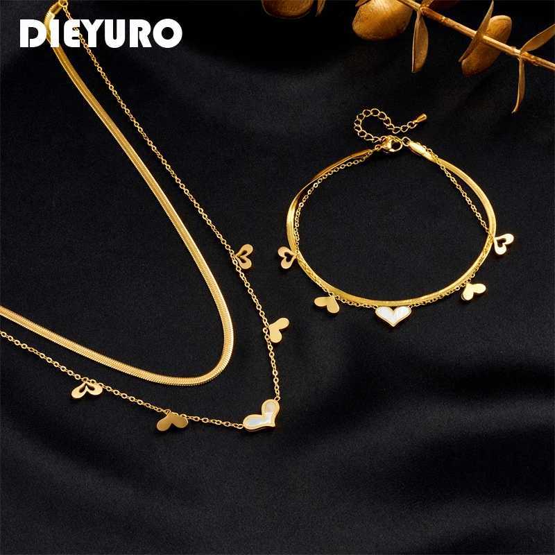 Wedding Jewelry Sets DIEYURO 316L stainless steel heart-shaped necklace suitable for women and girls new 2-in-1 chain waterproof jewelry set wedding gift