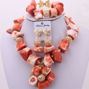 Ensembles de bijoux de mariage Dudo tendance nigérian pour femmes, collier de luxe, boucles d'oreilles, Bracelet, bijoux en perles de corail naturelles, 230216