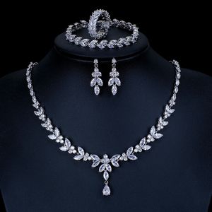 Ensembles de bijoux de mariage Ekopdee luxe brillant cubique zircone collier ensemble boucles d'oreilles anneaux femmes CZ lumière goutte mariée 230909