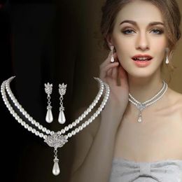 Bruiloft Sieraden Sets Elegante Strass Parel Druppel Ketting Oorbellen Bruids voor Vrouwen Geschenken Meerlaagse Bloem Kettingen Collares 231116