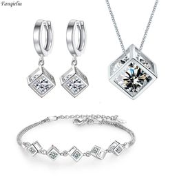 Ensembles de bijoux de mariage Fanqieliu Timbre 925 Argent Aiguille Boucles D'oreilles Carré Pendentif En Cristal Collier Étendre Bracelet Pour Les Femmes FQL22087 230804