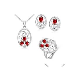 Ensembles de bijoux de mariage Mode 925 Sier Collier Boucle d'oreille Bague Une famille de trois ensembles de bijoux ovales Stss135B Sterling Red Gemstone Rings D Dh7Mw