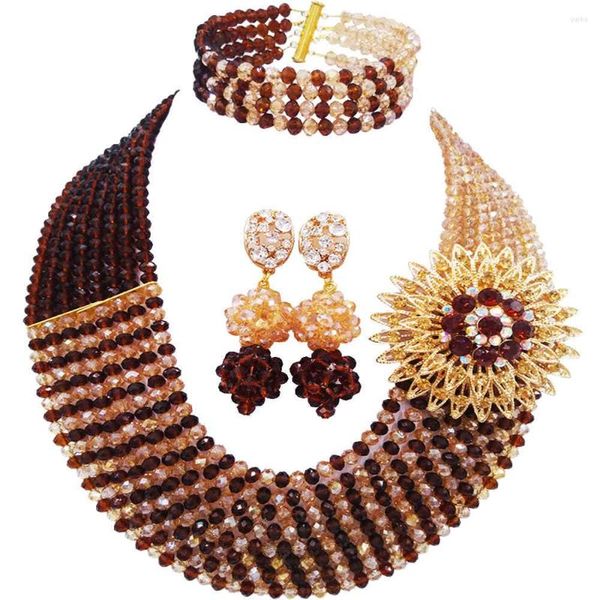 Conjuntos de joyas de boda Brown and Champagne Gold AB Nigerian African Beads Set Crystal Strand Collar 8JBK06