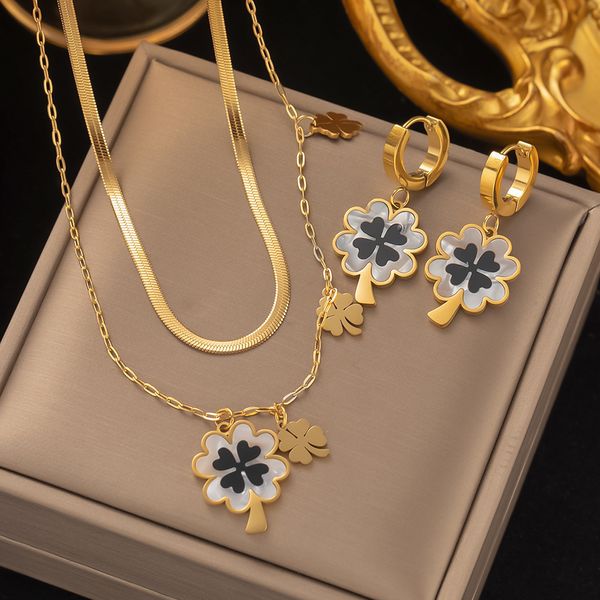 Ensembles de bijoux de mariage Mode trèfle à quatre feuilles en acier inoxydable boucles d'oreilles collier ensemble pour les femmes chanceux turc yeux bleus goutte pendentif Daywear 230909