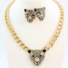 Bruiloft Sieraden Sets Mode Goud Kleur Zwart Geëmailleerd Luipaard Hanger Verklaring Ketting oorbellen Set 230804