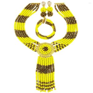 Ensembles de bijoux de mariage, mode Opaque jaune doré marron cristal perlé, ensemble africain, collier de perles nigérianes 6LS06