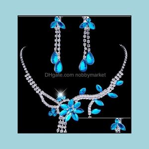 Bruiloft sieraden sets mode rhinestone chokers kettingen oorbellen Teardrop luxe kristal bruids set Aessoires blauw 5 drop levering 2021 Ja