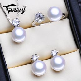 Parures de bijoux de mariage FENASY 925 ensembles de bijoux en argent Sterling colliers de perles naturelles pour les femmes boucles d'oreilles classique couronne pendentif anneau 8-9mm 231108