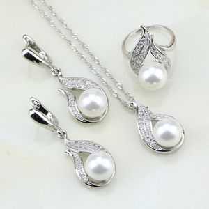 Ensembles de bijoux de mariage feu 925 argent blanc perle cubique zircone ensemble cadeau pour femmes boucles d'oreilles bague pendentif collier chaîne 230831