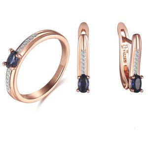 Conjuntos de joyería de boda FJ Set Mujeres 585 Color oro rosa Oval Piedra azul Anillos redondos Pendientes 230804